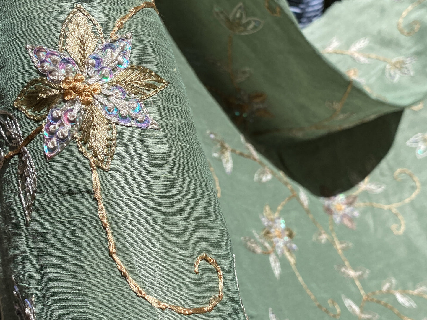 Scalamandre  Pari Jade Silk Linen Embroidery Sequin Green MSRP USD 184/y