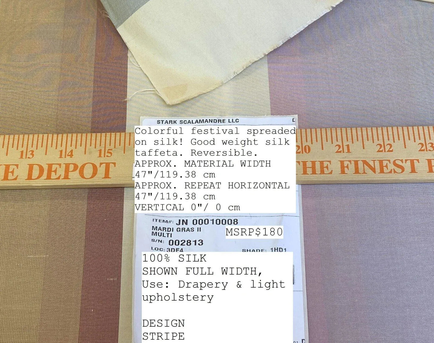 Scalamandre  Mardi Gras Ii Multi Rainbow Stripe Silk Taffeta Pink Green Purple Beige Ombre MSRP USD 180/Y