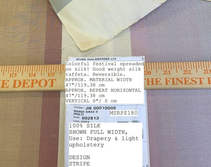 Scalamandre  Mardi Gras Ii Multi Rainbow Stripe Silk Taffeta Pink Green Purple Beige Ombre MSRP USD 180/Y