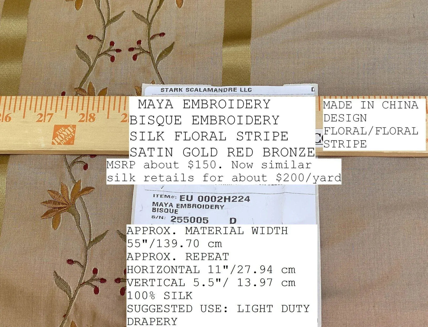 Scalamandre  Maya Embroidery Bisque Embroidery Silk Floral Stripe Satin Gold Red Bronze MSRP  USD 150/Y