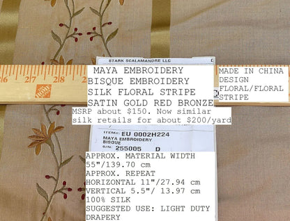 Scalamandre  Maya Embroidery Bisque Embroidery Silk Floral Stripe Satin Gold Red Bronze MSRP  USD 150/Y