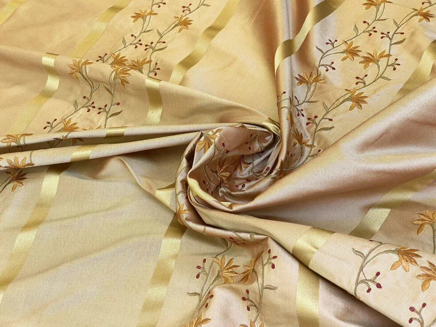 Scalamandre  Maya Embroidery Bisque Embroidery Silk Floral Stripe Satin Gold Red Bronze MSRP  USD 150/Y
