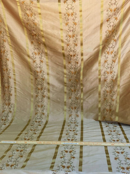 Scalamandre  Maya Embroidery Bisque Embroidery Silk Floral Stripe Satin Gold Red Bronze MSRP  USD 150/Y