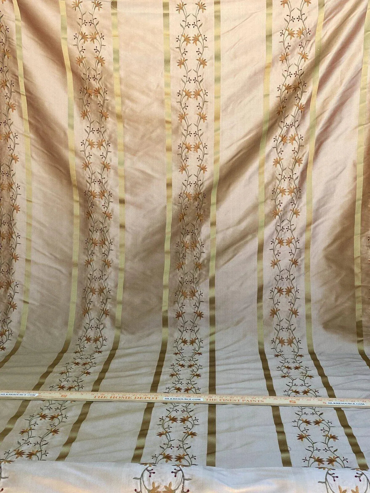 Scalamandre  Maya Embroidery Bisque Embroidery Silk Floral Stripe Satin Gold Red Bronze MSRP  USD 150/Y