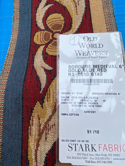 22 Berkbox86 Square Jacquard by Old World Weavers Bordure Medieval 26"L x 6"W Gold Blue Red Cotton MSRP 1000+/y