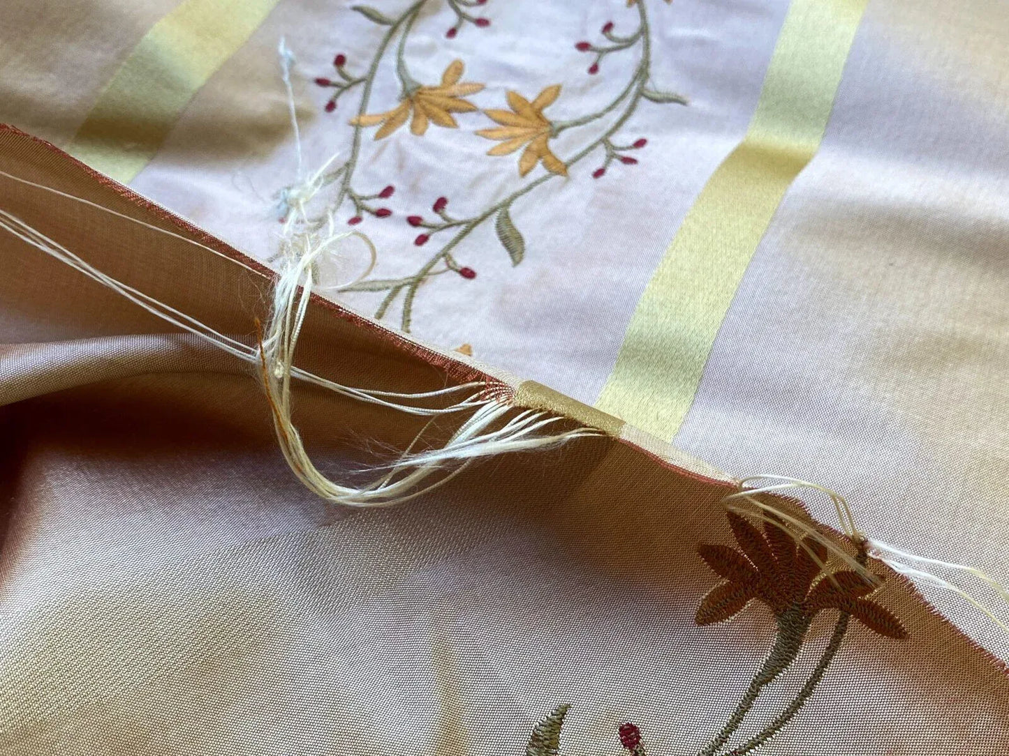 Scalamandre  Maya Embroidery Bisque Embroidery Silk Floral Stripe Satin Gold Red Bronze MSRP  USD 150/Y