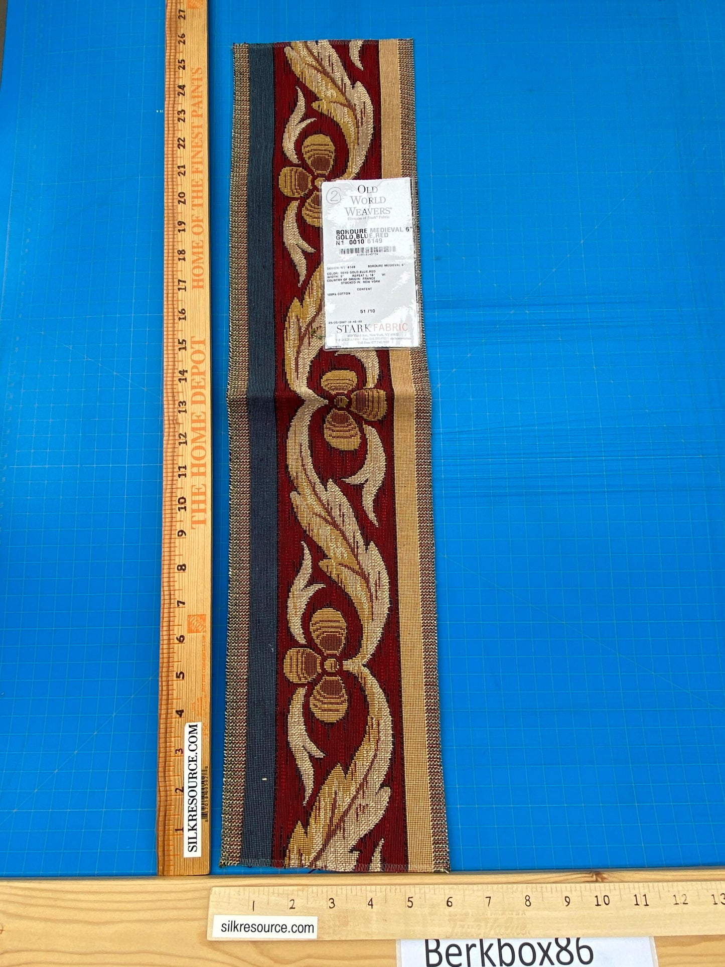 23 Berkbox86 Square Jacquard by Old World Weavers Bordure Medieval 26"L x 6"W Gold Blue Red Cotton MSRP 1000+/y