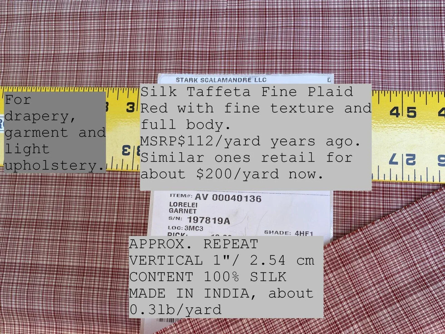 Scalamandre " Lorelei Garnet Silk Taffeta Fine Plaid Red MSRP USD 112/yard Small Scale"