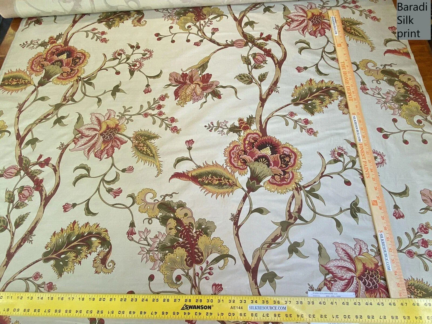 Scalamandre Baradi Blossom On Chablis Pink Jacobean Palampore Tree Of Life Printed Silk Pink Green On Cream White MSRP USD 192/y