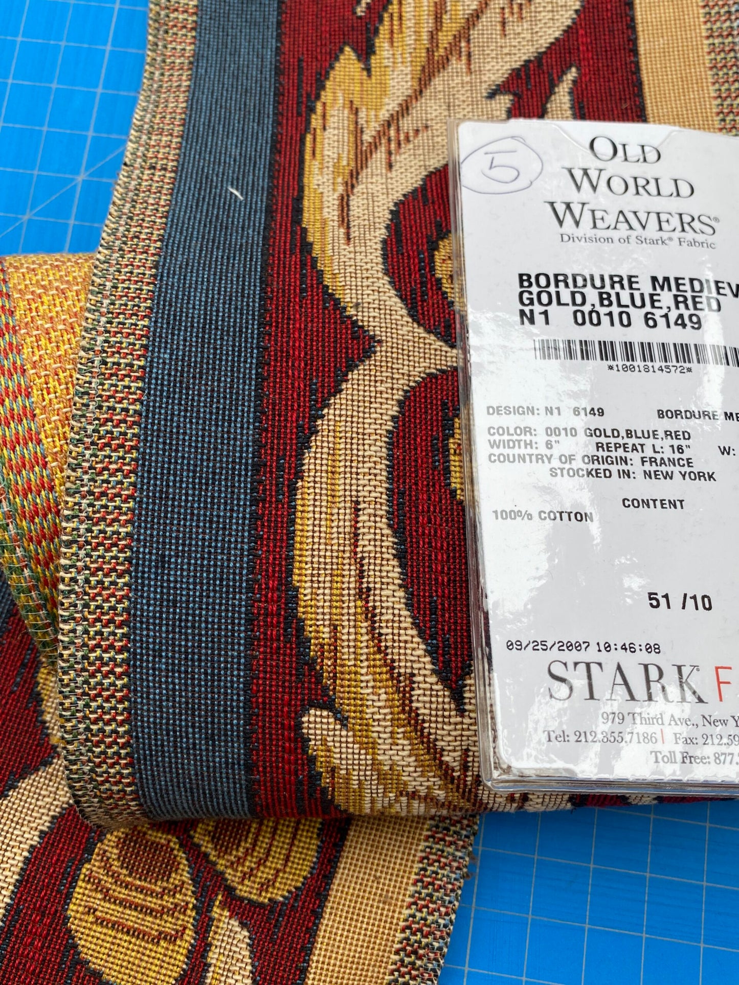 26 Berkbox86 Square Jacquard by Old World Weavers Bordure Medieval 26"L x 6"W Gold Blue Red Cotton MSRP 1000+/y