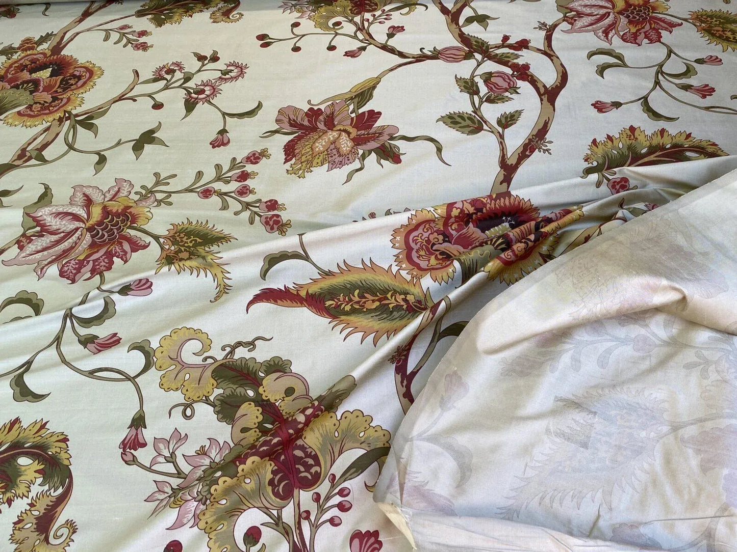 Scalamandre Baradi Blossom On Chablis Pink Jacobean Palampore Tree Of Life Printed Silk Pink Green On Cream White MSRP USD 192/y