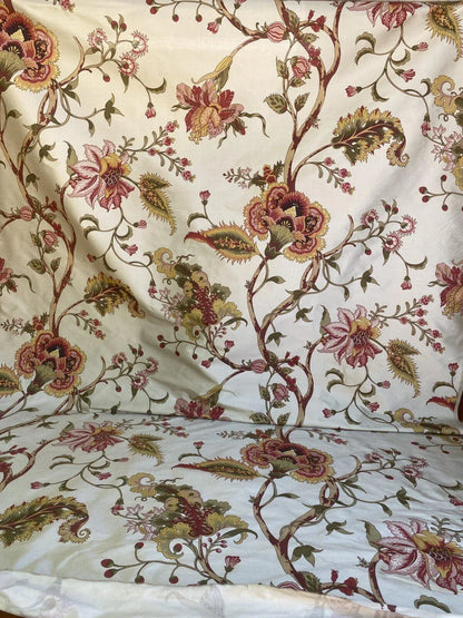 Scalamandre Baradi Blossom On Chablis Pink Jacobean Palampore Tree Of Life Printed Silk Pink Green On Cream White MSRP USD 192/y