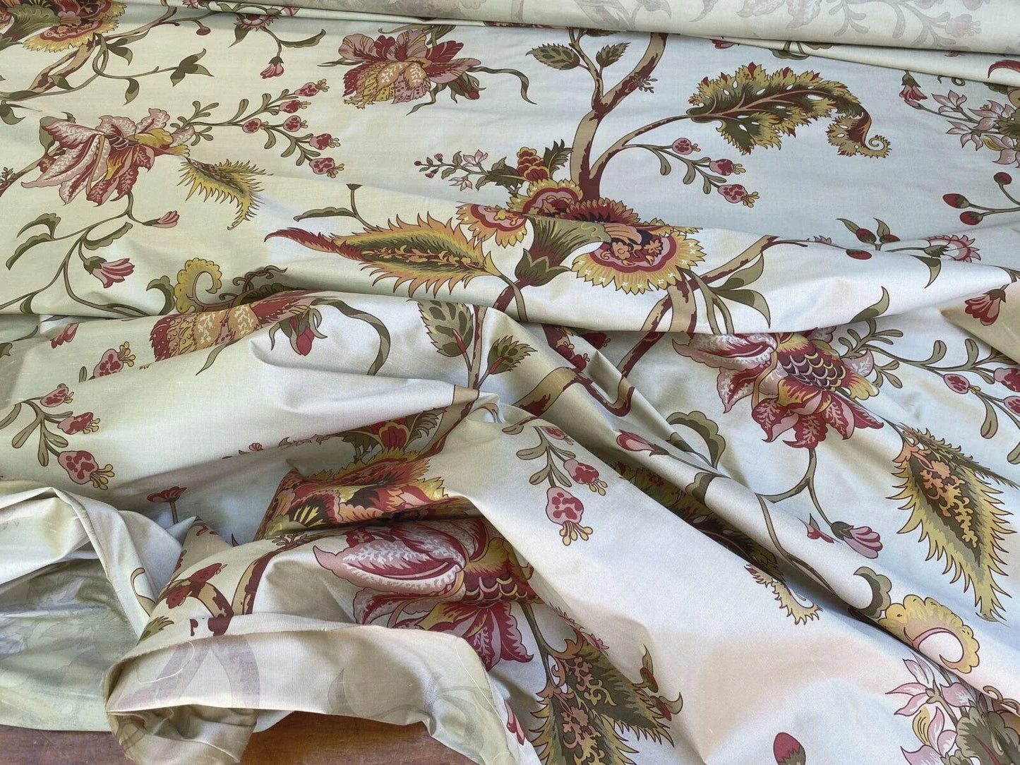 Scalamandre Baradi Blossom On Chablis Pink Jacobean Palampore Tree Of Life Printed Silk Pink Green On Cream White MSRP USD 192/y