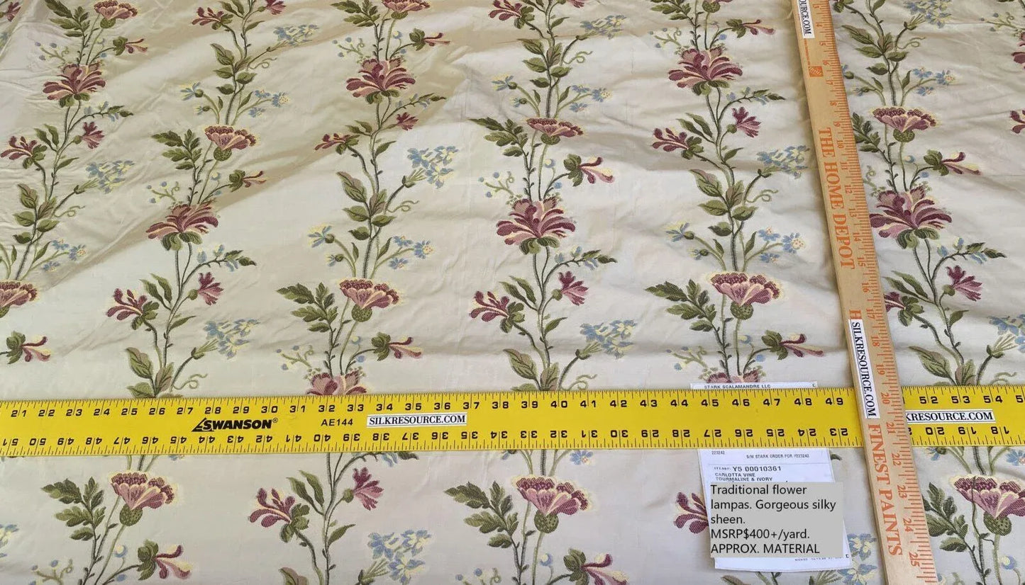 Scalamandre Carlotta Vine Tourmaline &amp; Ivory Historical Silk Lampas Fil Coupe Pink Blue MSRP USD 400+/yard