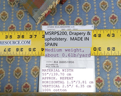 By Yd Scalamandre Fleurette Multi/blue Small Flowers Tulips Cotton Tapestry MSRP USD 200/Y