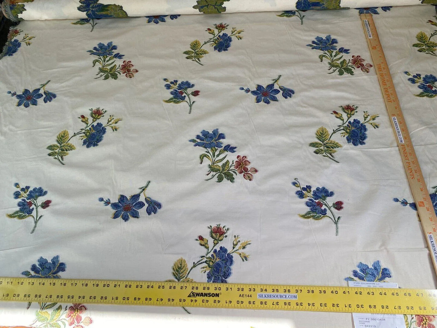 By Yd Scalamandre Nocturne Ivory Traditional Flower Brocade Blue Red Green Ivory Cotton Blend MSRP USD 244/Y