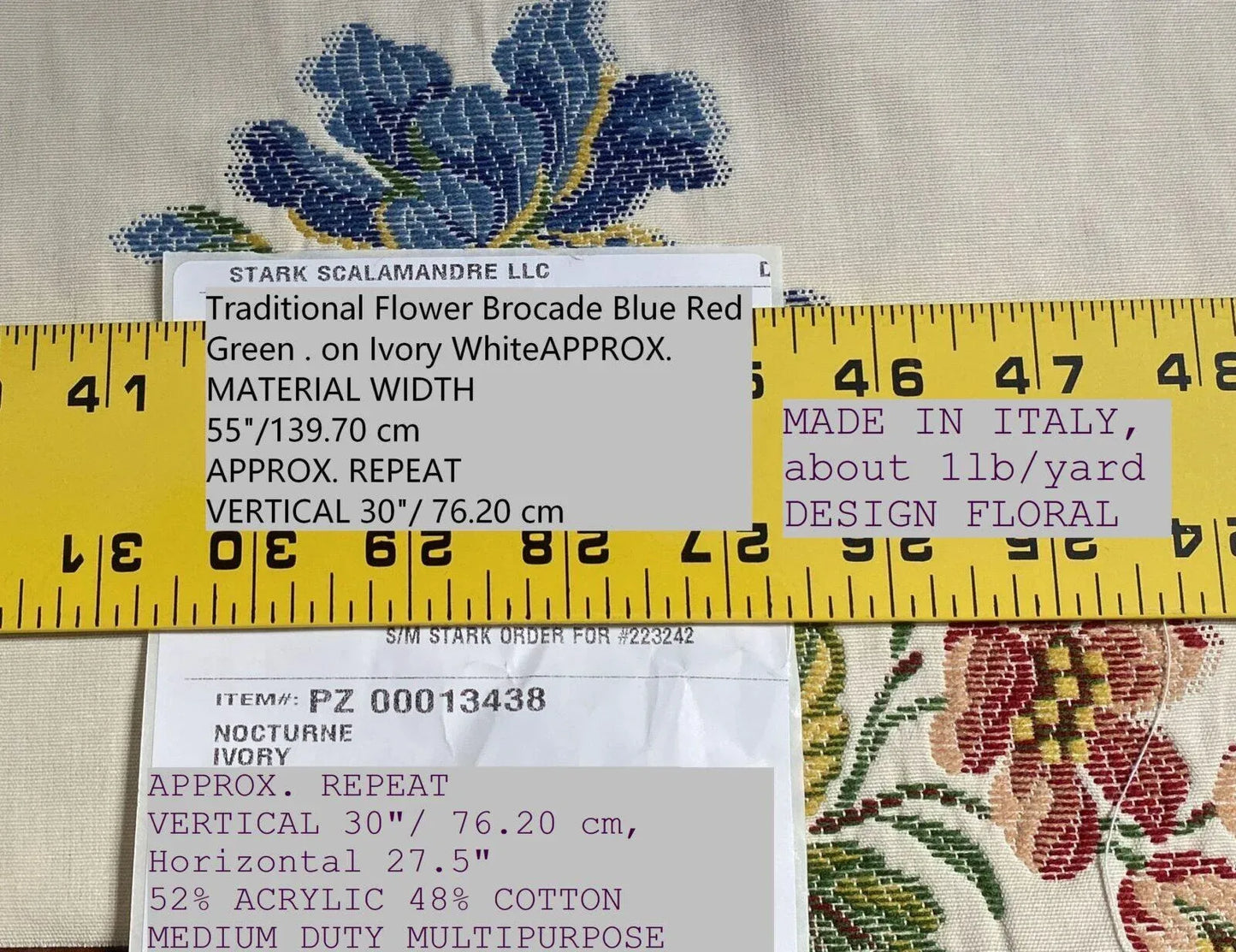 By Yd Scalamandre Nocturne Ivory Traditional Flower Brocade Blue Red Green Ivory Cotton Blend MSRP USD 244/Y