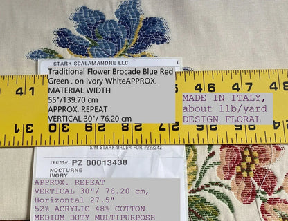 By Yd Scalamandre Nocturne Ivory Traditional Flower Brocade Blue Red Green Ivory Cotton Blend MSRP USD 244/Y