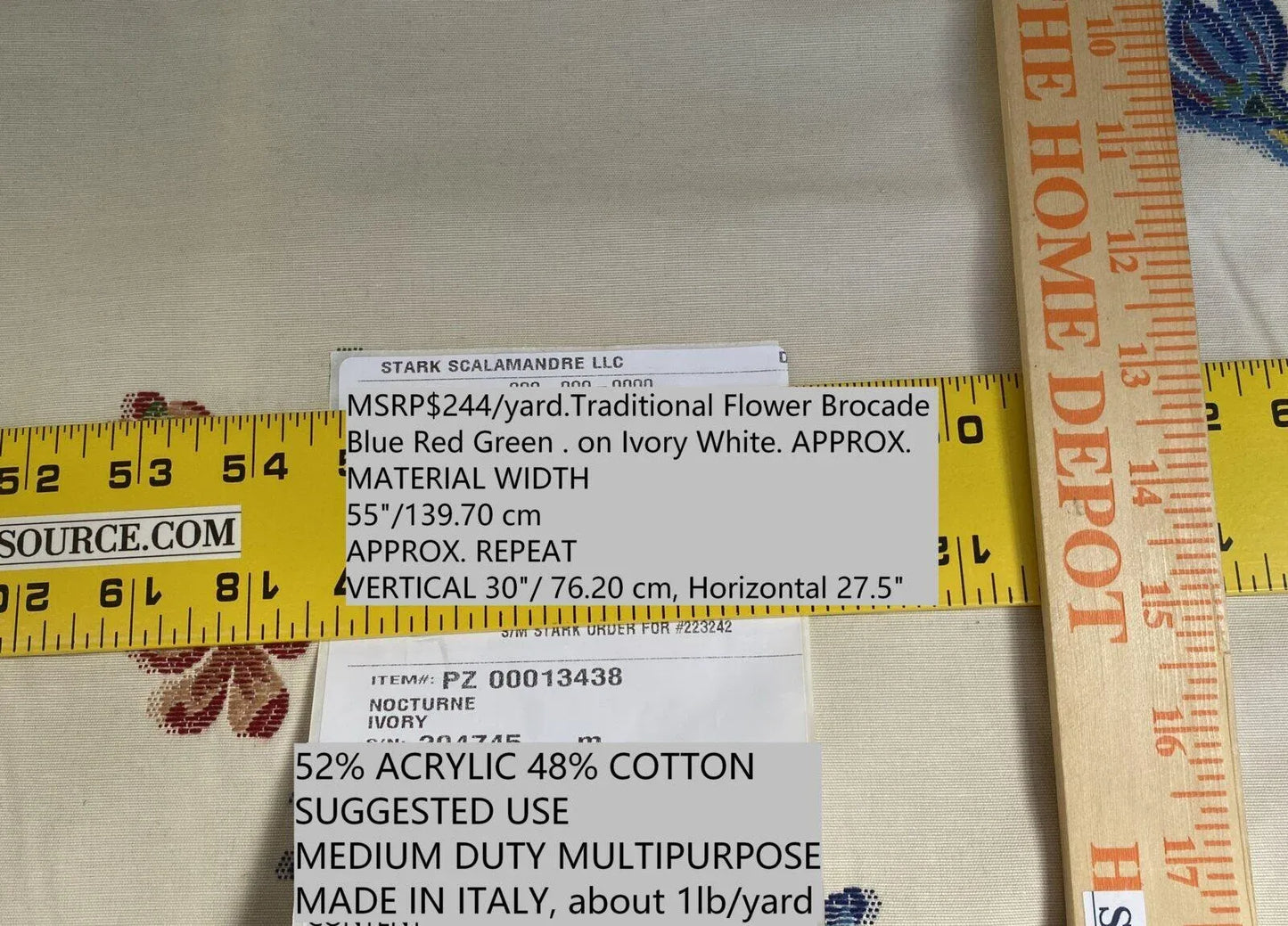 By Yd Scalamandre Nocturne Ivory Traditional Flower Brocade Blue Red Green Ivory Cotton Blend MSRP USD 244/Y