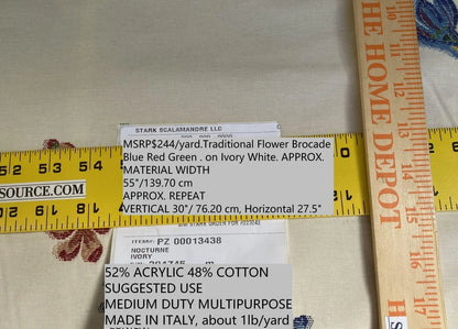 By Yd Scalamandre Nocturne Ivory Traditional Flower Brocade Blue Red Green Ivory Cotton Blend MSRP USD 244/Y