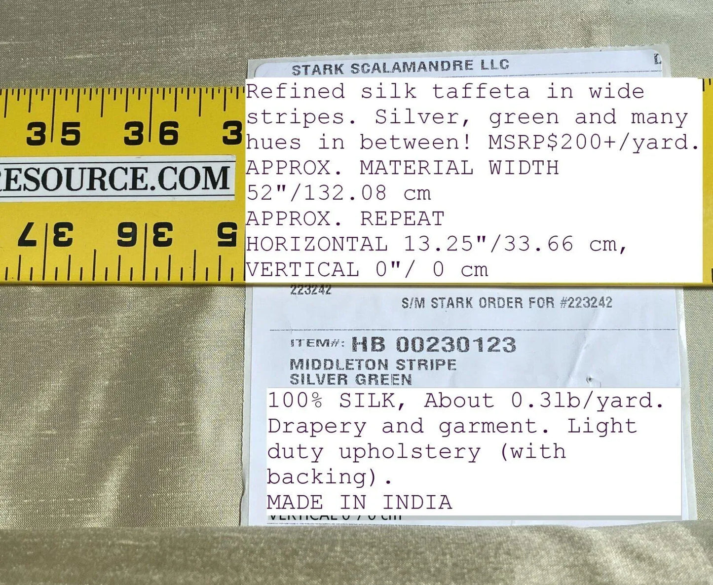 By Yd Scalamandre Middleton Stripe Taffeta Silver Green Silk Wide Stripe MSRP USD 200+/yard.