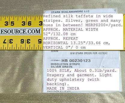By Yd Scalamandre Middleton Stripe Taffeta Silver Green Silk Wide Stripe MSRP USD 200+/yard.