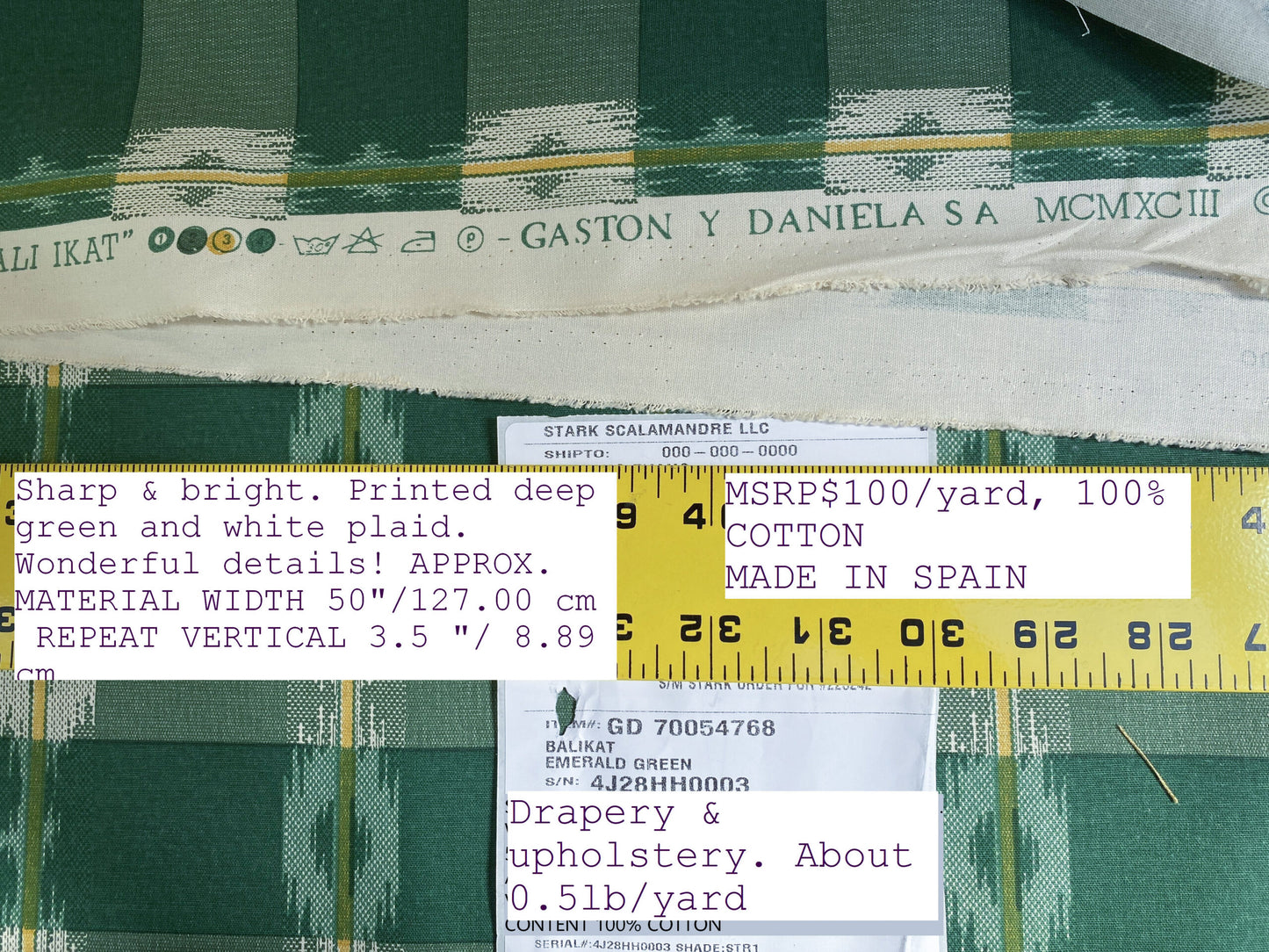 Old World Weavers Scalamandre Balikat Emerald Green White Plaid Print Cotton Ikat Bali Country