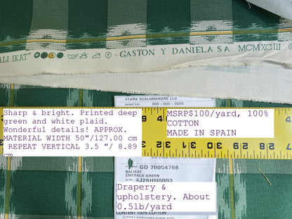 Old World Weavers Scalamandre Balikat Emerald Green White Plaid Print Cotton Ikat Bali Country