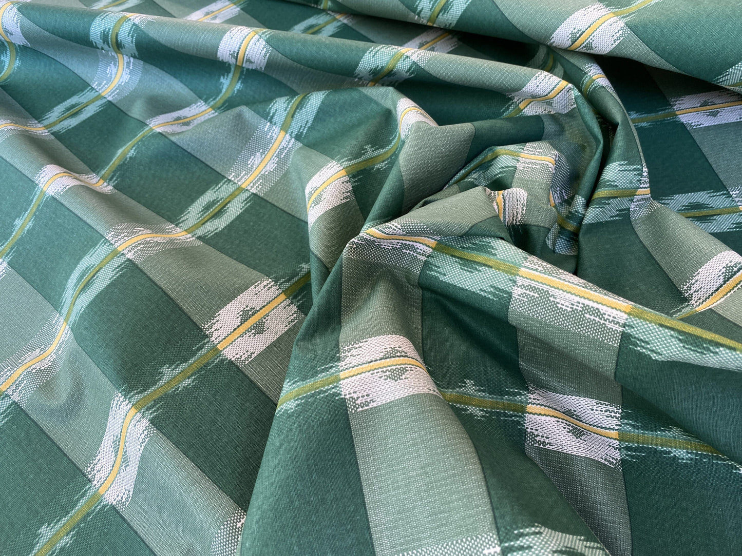 Old World Weavers Scalamandre Balikat Emerald Green White Plaid Print Cotton Ikat Bali Country