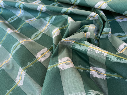 Old World Weavers Scalamandre Balikat Emerald Green White Plaid Print Cotton Ikat Bali Country