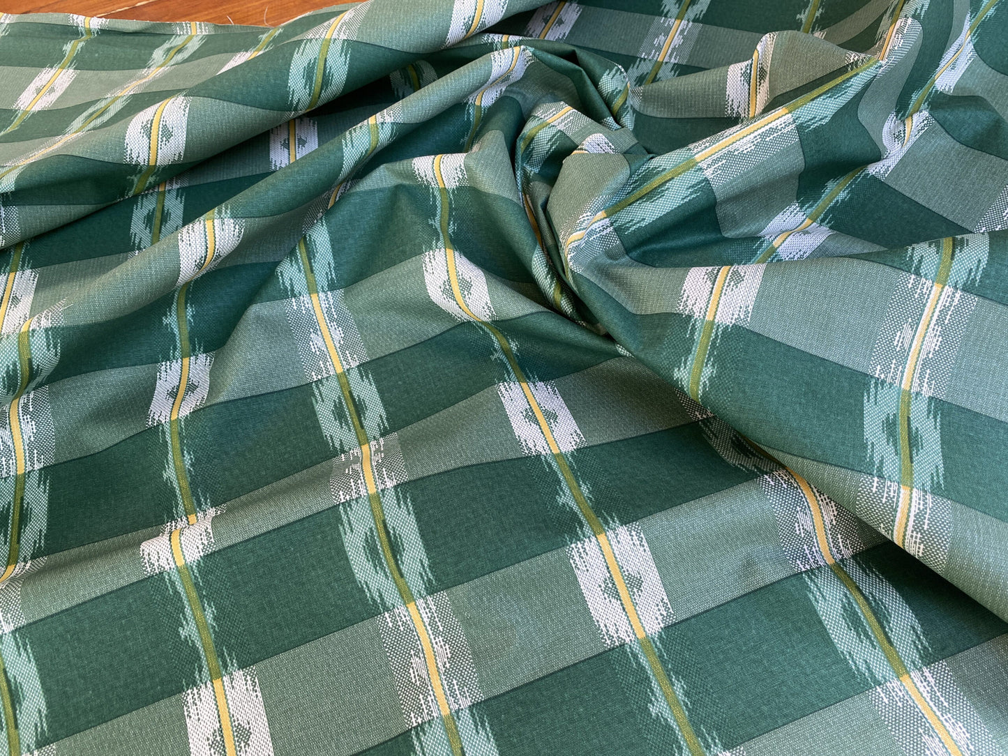 Old World Weavers Scalamandre Balikat Emerald Green White Plaid Print Cotton Ikat Bali Country
