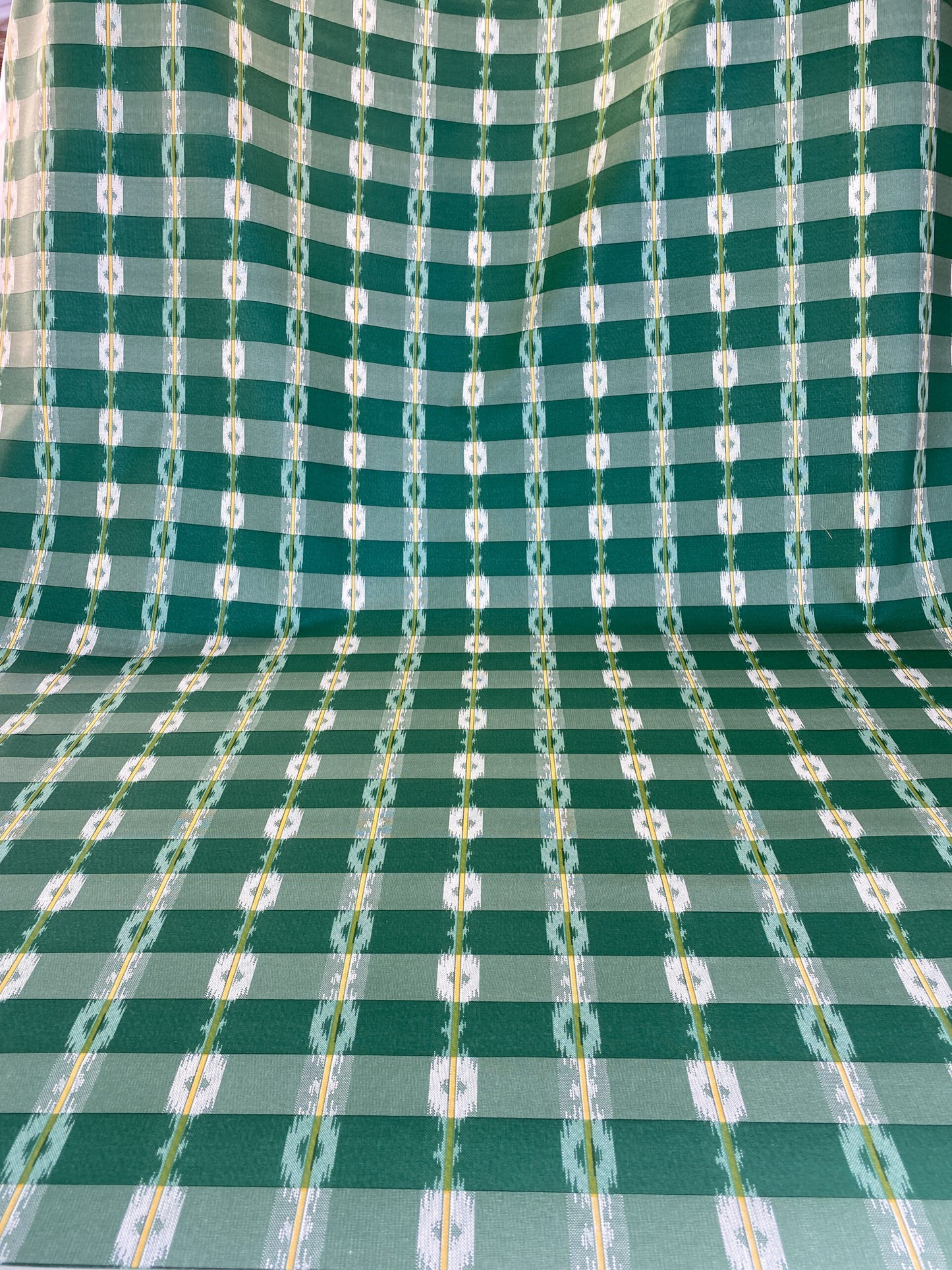Old World Weavers Scalamandre Balikat Emerald Green White Plaid Print Cotton Ikat Bali Country