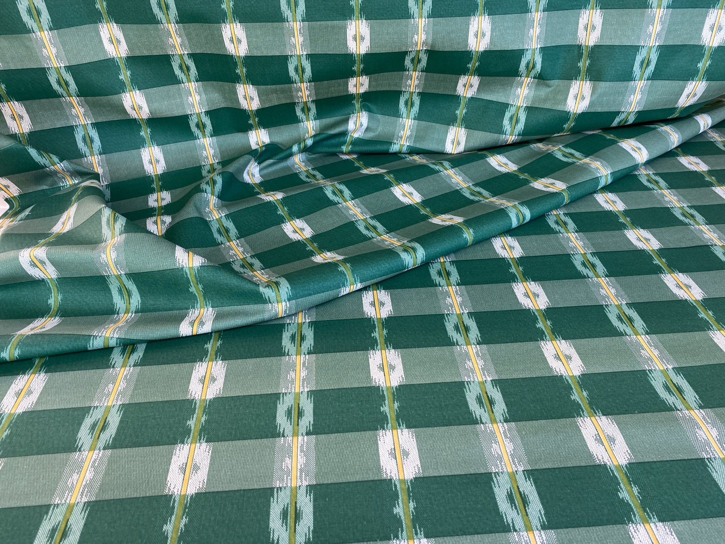Old World Weavers Scalamandre Balikat Emerald Green White Plaid Print Cotton Ikat Bali Country