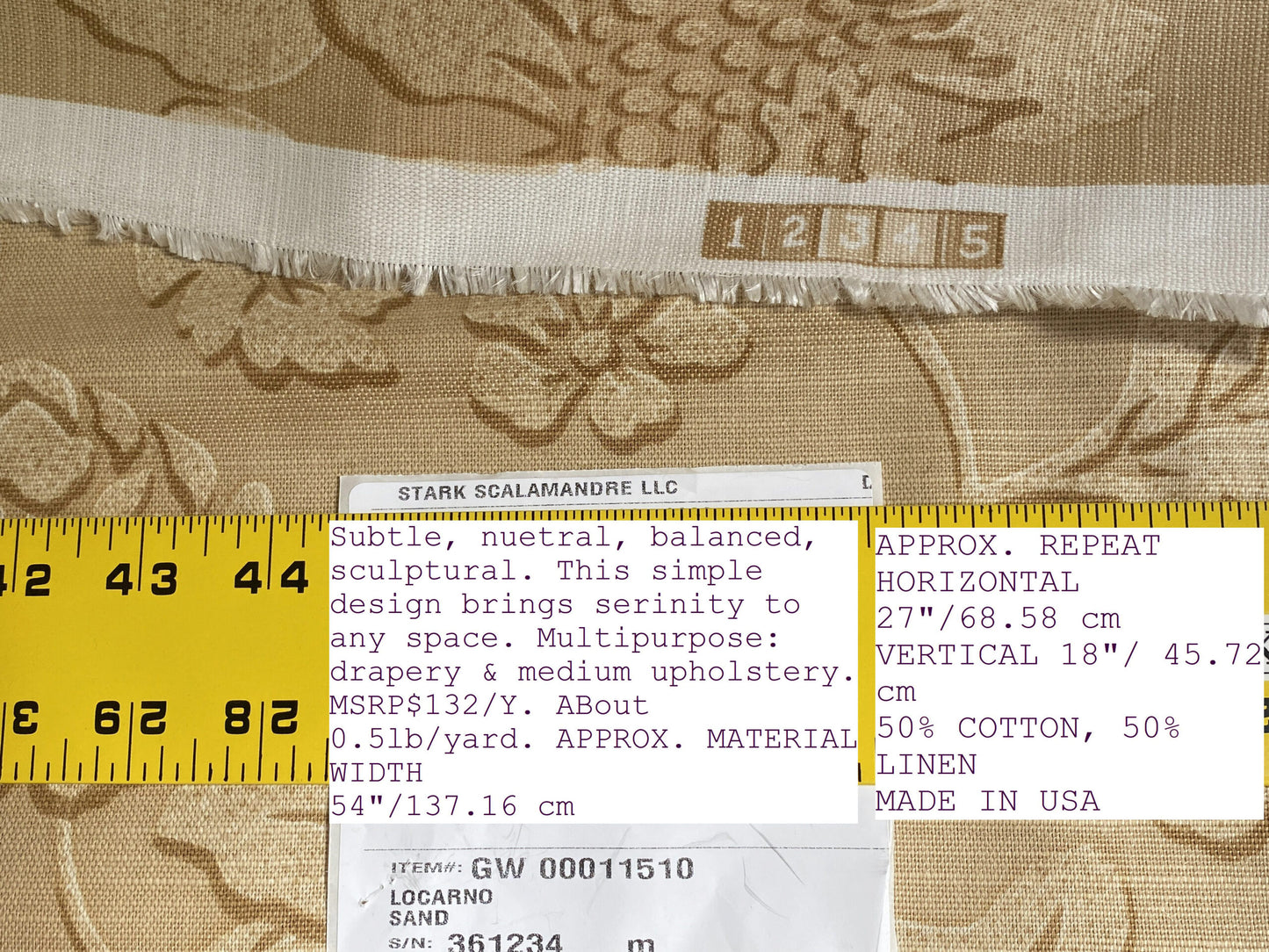 by yard Scalamandre Locarno Sand Beige Cotton Linen Print Neutral Flora MSRP USD 132/Y