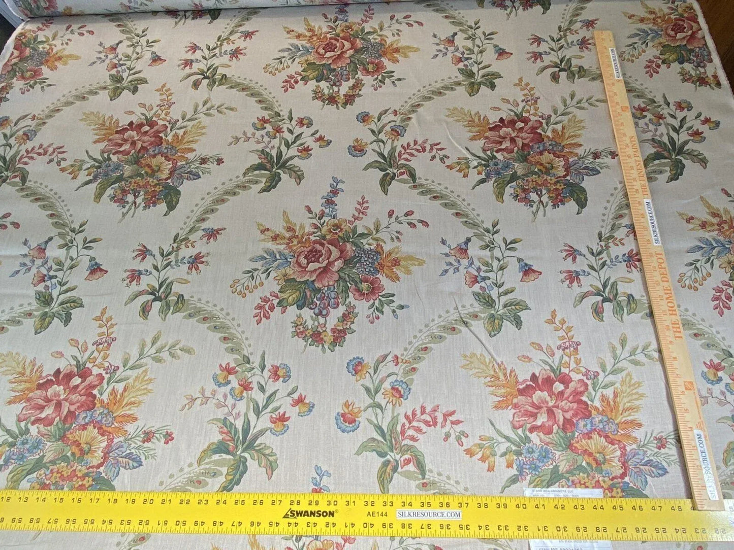 Scalamandre Tarascon Natural MSRP USD 224/Y Linen Chintz Print Flower Field Bouquet From France Red Orange Blue Green Print