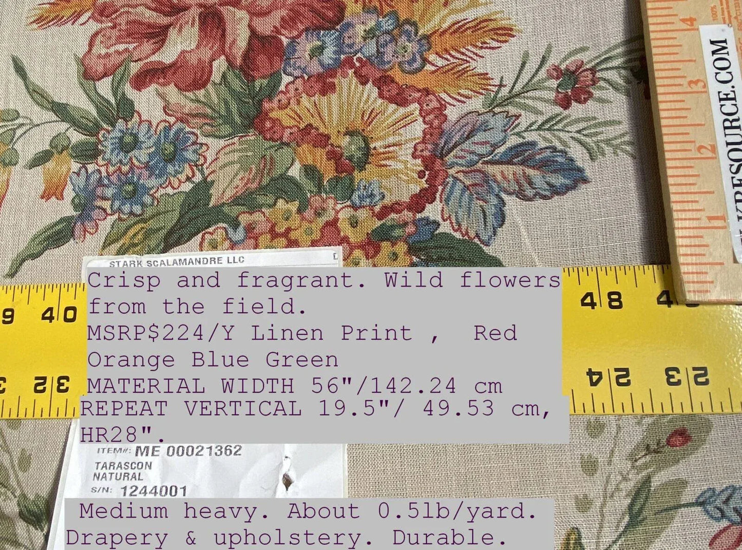 Scalamandre Tarascon Natural MSRP USD 224/Y Linen Chintz Print Flower Field Bouquet From France Red Orange Blue Green Print