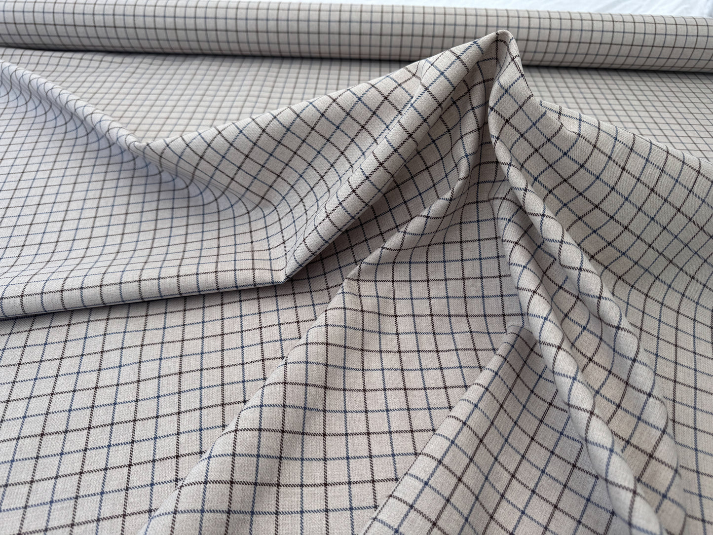 Scalamandre Mc Atrhur Barley Brown Blue Cream White Plaid Check Square Cotton Polyester - By the yard