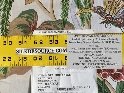 Scalamandre Le Touvet Cream/coral Pink Green Red Black Blue Chinoisery Butterfly Peony Rose Oriental Garden MSRP USD 288/Y  Print