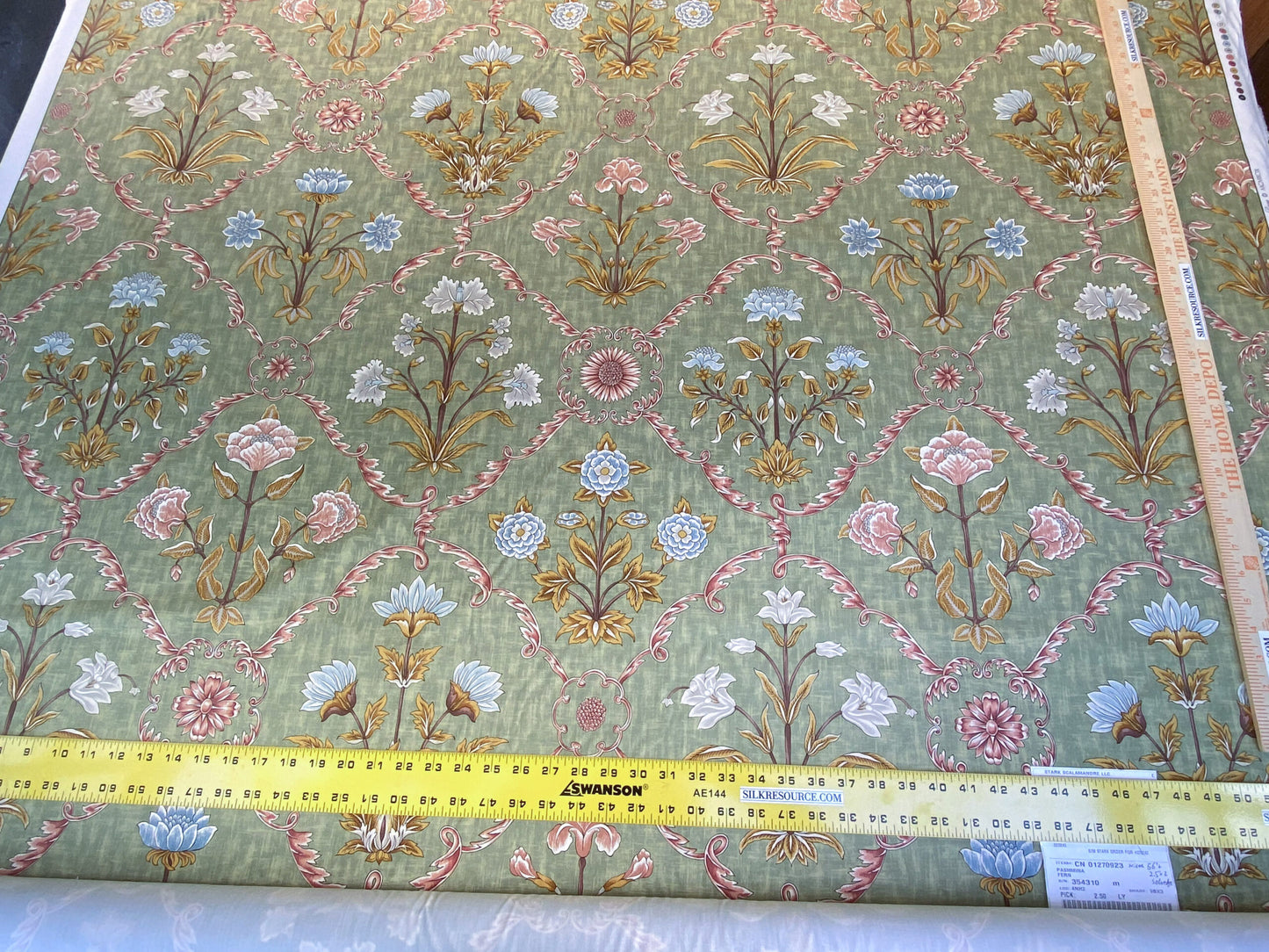 Scalamandre Pashmina Fern Arabisque Print On Cotton Satin Arabisque Green Red Tan MSRP USD 358/Y