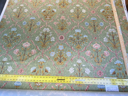 Scalamandre Pashmina Fern Arabisque Print On Cotton Satin Arabisque Green Red Tan MSRP USD 358/Y