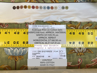 Scalamandre Pashmina Fern Arabisque Print On Cotton Satin Arabisque Green Red Tan MSRP USD 358/Y