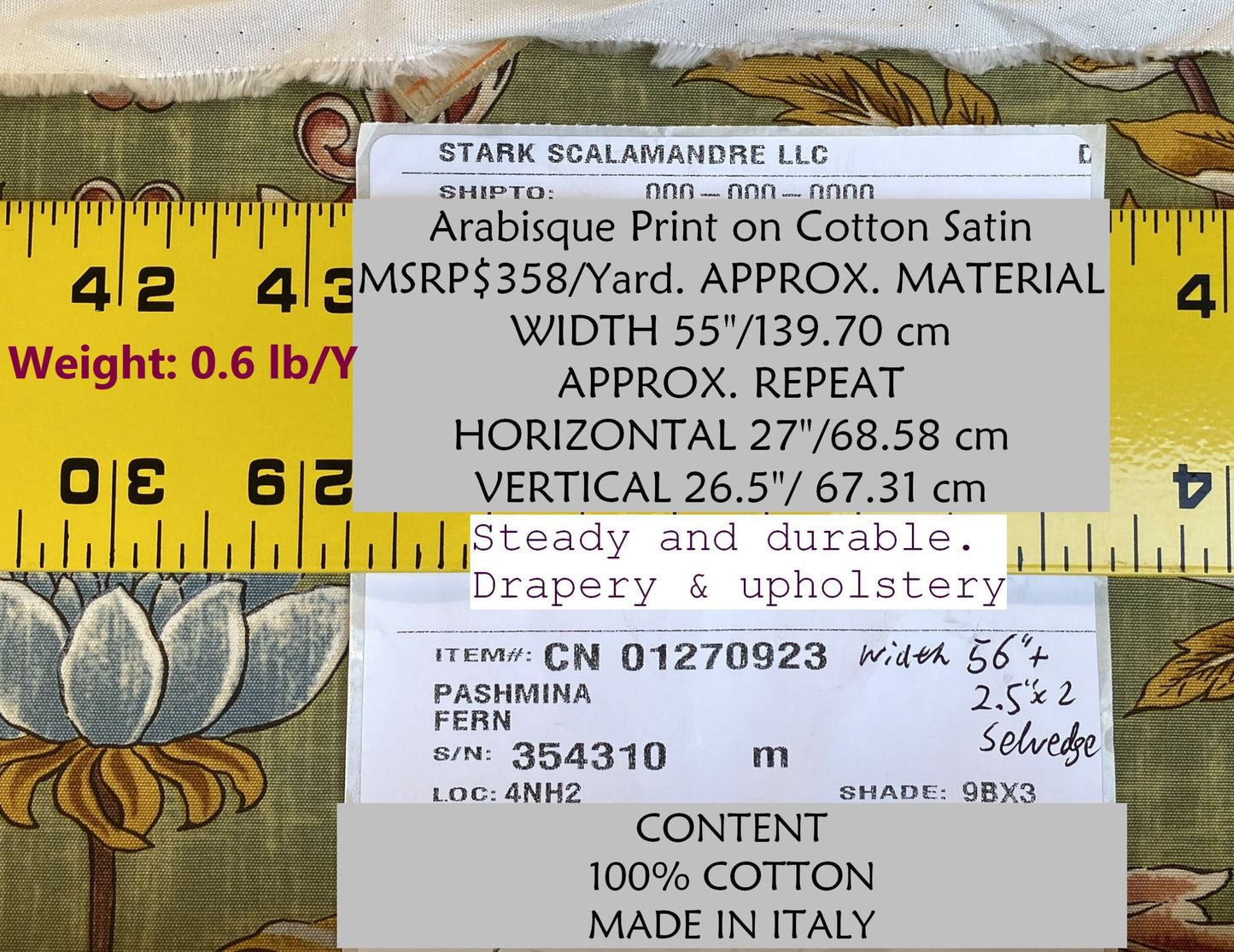 Scalamandre Pashmina Fern Arabisque Print On Cotton Satin Arabisque Green Red Tan MSRP USD 358/Y