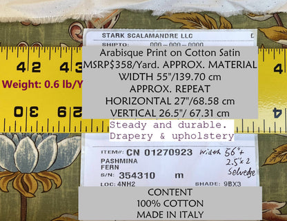 Scalamandre Pashmina Fern Arabisque Print On Cotton Satin Arabisque Green Red Tan MSRP USD 358/Y