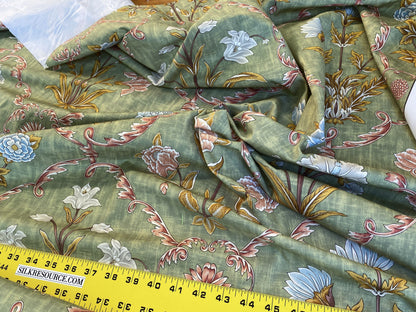 Scalamandre Pashmina Fern Arabisque Print On Cotton Satin Arabisque Green Red Tan MSRP USD 358/Y