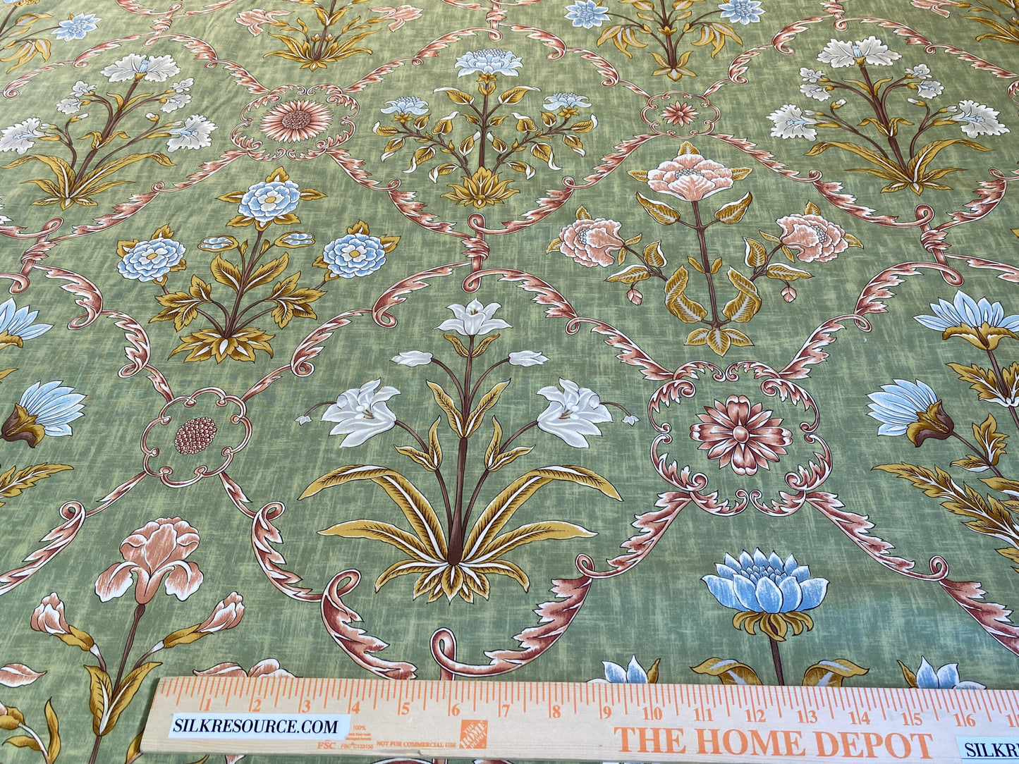 Scalamandre Pashmina Fern Arabisque Print On Cotton Satin Arabisque Green Red Tan MSRP USD 358/Y