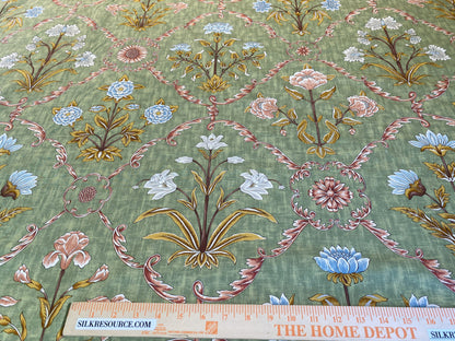 Scalamandre Pashmina Fern Arabisque Print On Cotton Satin Arabisque Green Red Tan MSRP USD 358/Y