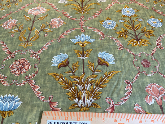 Scalamandre Pashmina Fern Arabisque Print On Cotton Satin Arabisque Green Red Tan MSRP USD 358/Y