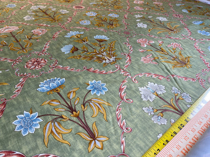 Scalamandre Pashmina Fern Arabisque Print On Cotton Satin Arabisque Green Red Tan MSRP USD 358/Y