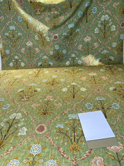 Scalamandre Pashmina Fern Arabisque Print On Cotton Satin Arabisque Green Red Tan MSRP USD 358/Y