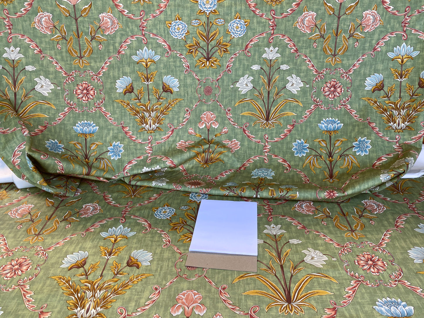 Scalamandre Pashmina Fern Arabisque Print On Cotton Satin Arabisque Green Red Tan MSRP USD 358/Y